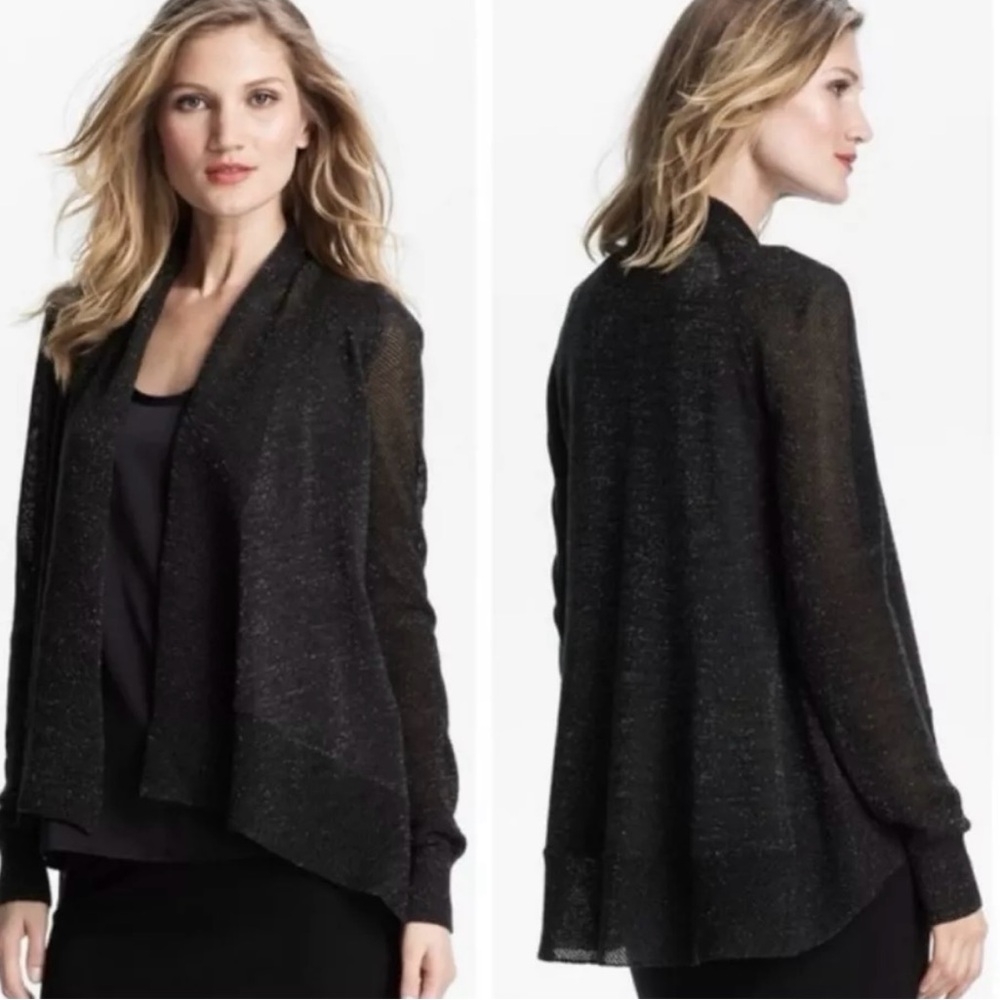 Eileen Fisher Merino Wool Cardigan with Metallic Glitter Sparkle Black Knit M